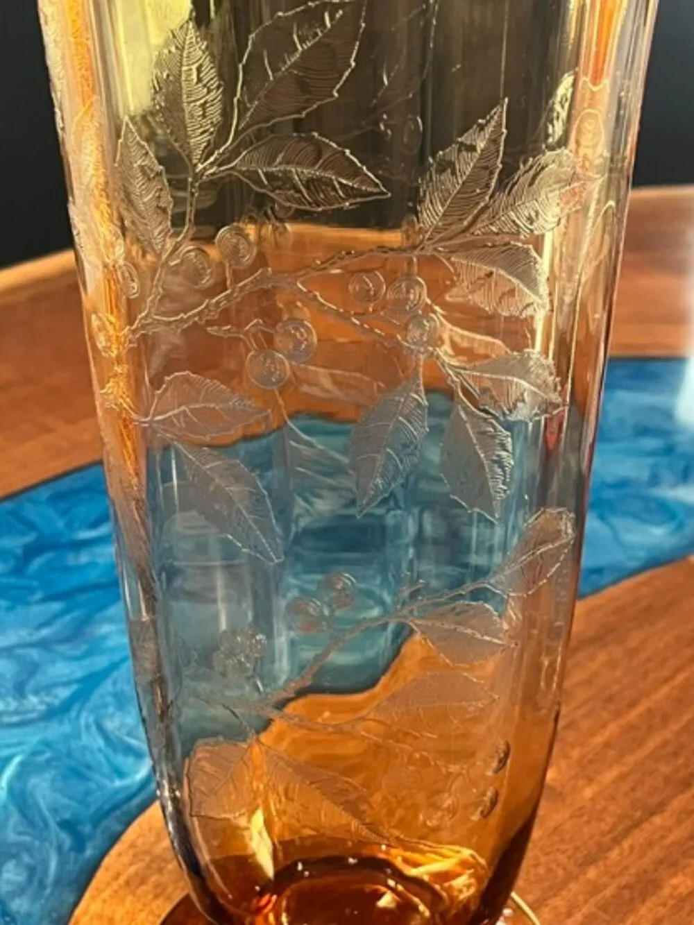 Cambridge Amber Etched Glass #717 Bird & Butterfly 13